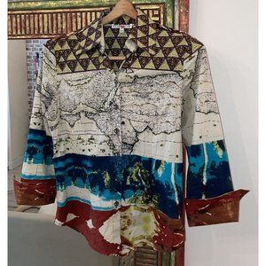 Vintage Mischa Button Front World Map Print 3/4 Sleeve Cotton Womens M Medium